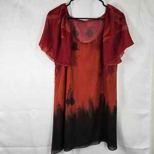 Daniel Benjamin Dress Sheer Overlay Abstract Print Party Cocktail Red Size L Art